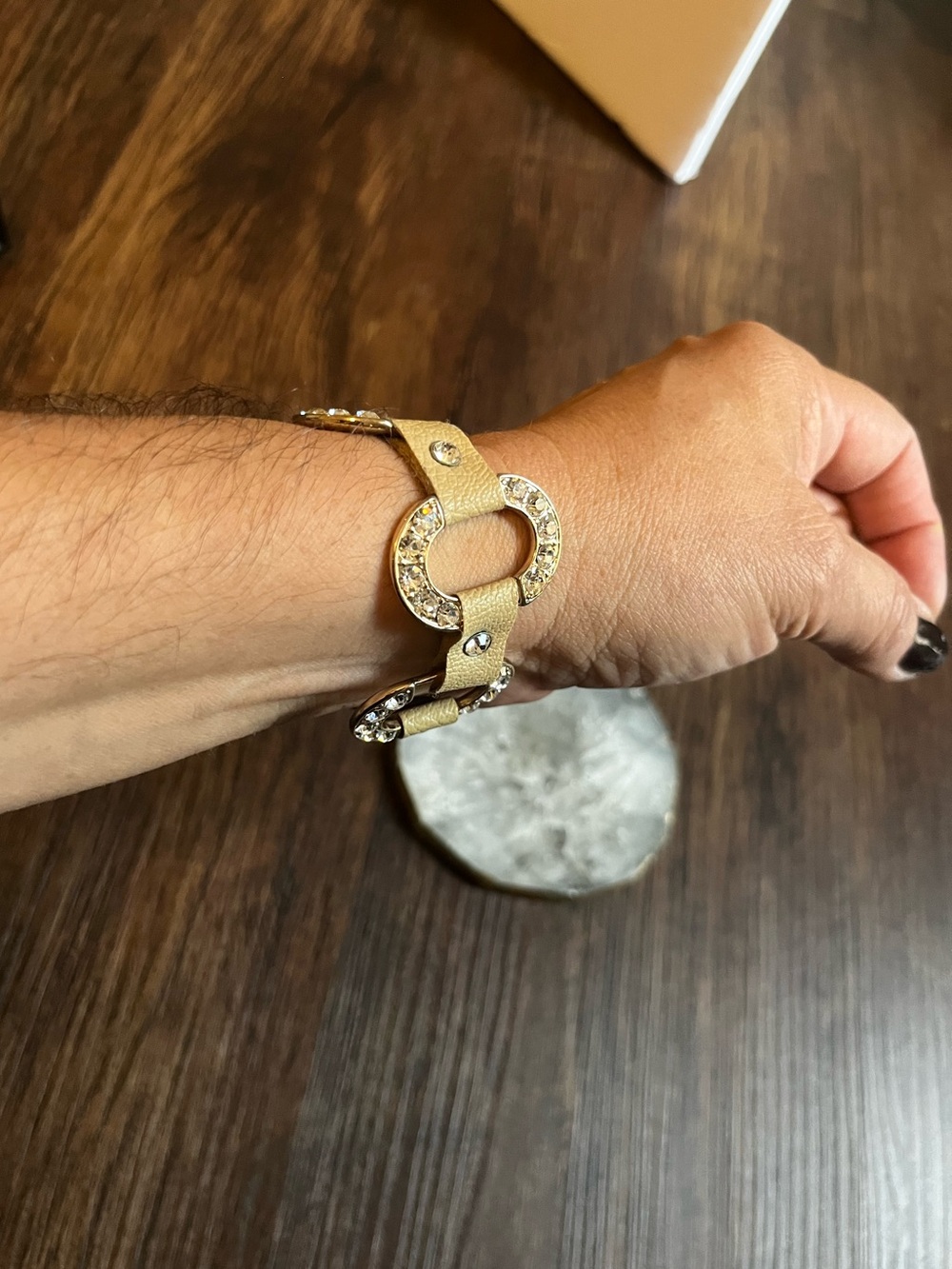 Beige Rhinestone Link Bracelet - Women's Fashion Accessory leather strap $19